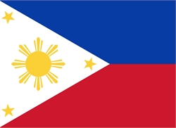 [ai] The flag of the Philippines featuring a horizontal bicolor design of blue on top and red below, with a white triangle on the left containing a yellow sun and three small yellow stars.